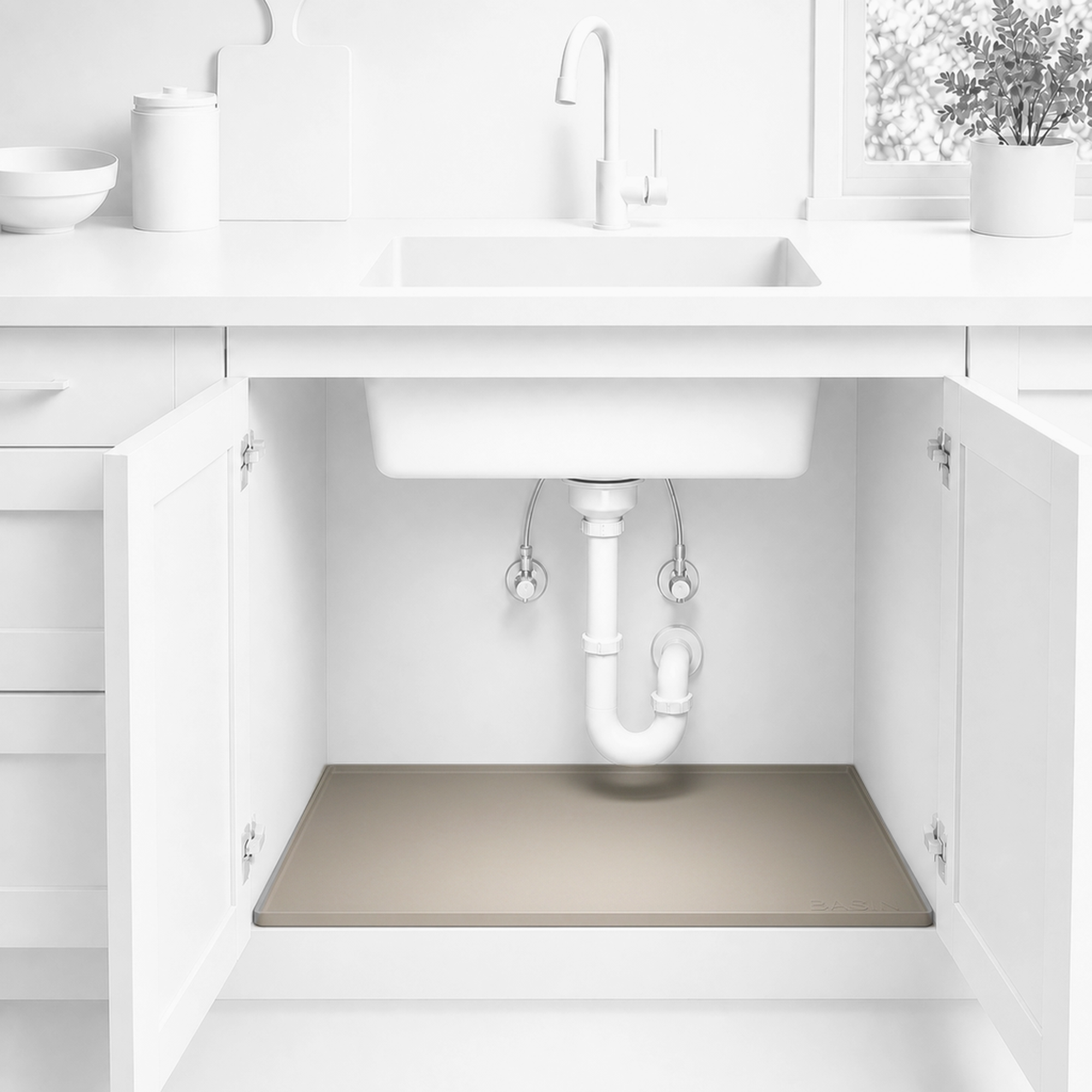 Taupe Basin Mat inside a monochrome clay kitchen, the only color in the room