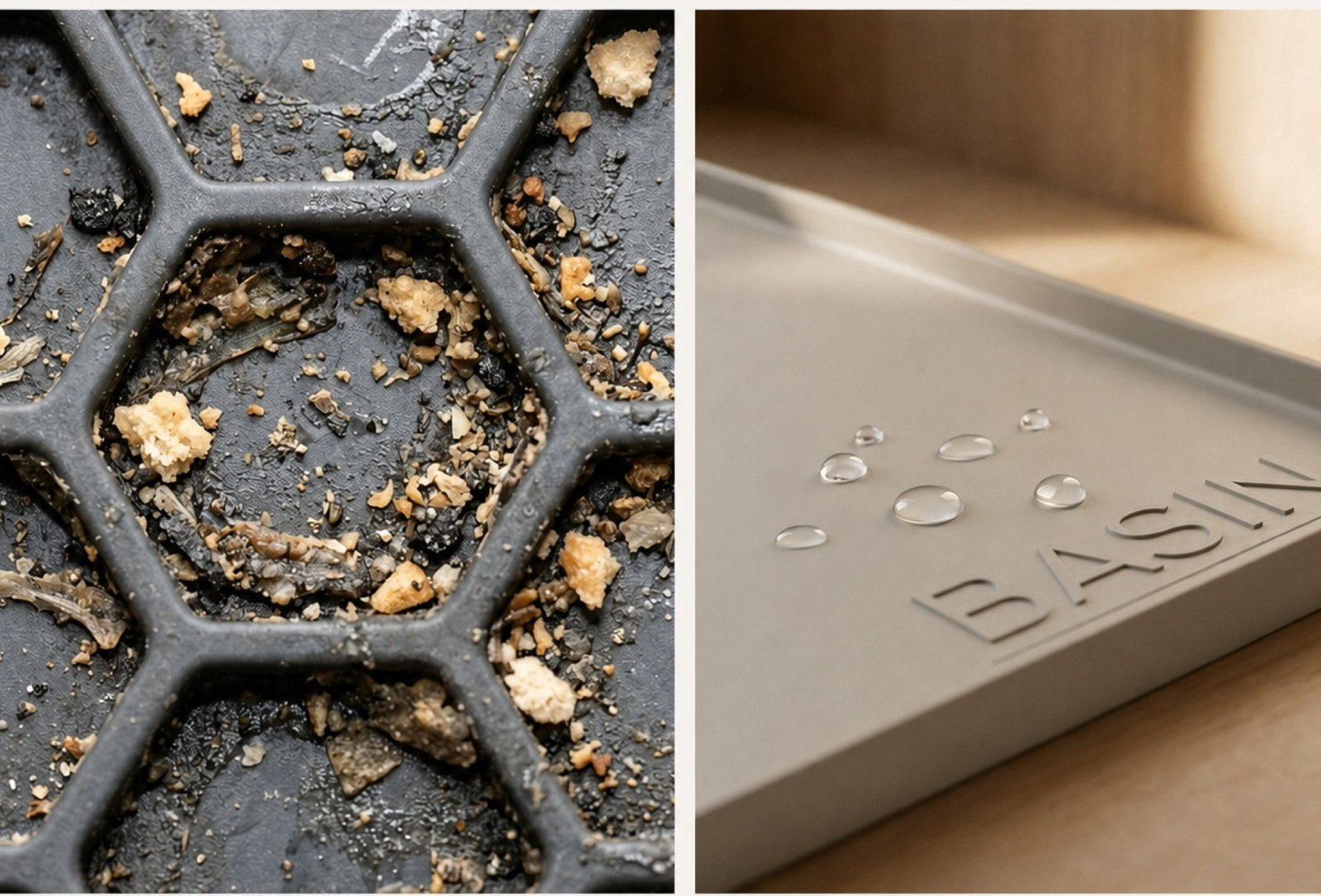 A grimy honeycomb-textured mat beside Basin's smooth, wiped-clean surface